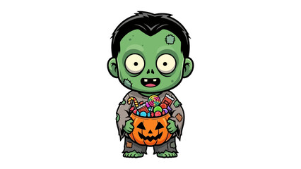 Happy Zombie with Halloween Candy: A cute and whimsical zombie figure, bearing candy-filled pumpkin bucket, perfect for Halloween promotions and illustrations