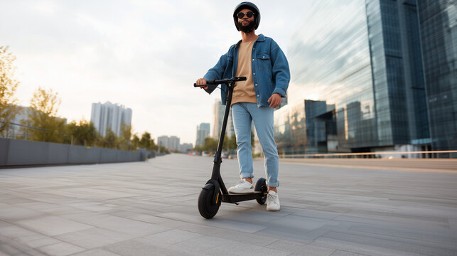 Faceless young adult on electric scooter, clean energy urban transportation concept with city background. faceless commuter, faceless scooter rider, faceless mobility, faceless sma