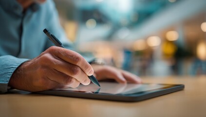 Person using a stylus on a tablet device for digital work.