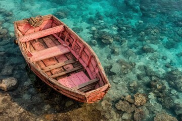 Obraz premium A weathered pink wooden boat resting on transparent turquoise water revealing vibrant underwater scenery and rocky textures beneath the surface highlighting tranquil coastal beauty