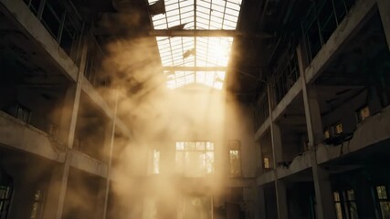 Dramatic Sunbeams Pierce Dusty Abandoned Factory Interior Through Skylight - Powered by Adobe
