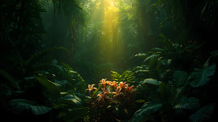 Obraz premium Golden Sun Shining on a Cluster of Orange Lilies in a Dense Tropical Jungle