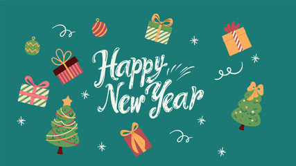A striking, hand-drawn vector banner in bright, festive colors, offering a Happy New Year greeting. Whimsical lettering and decorative stickers stand out neatly against a green background.
