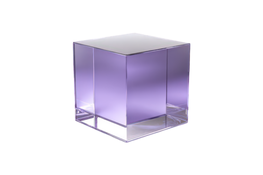 Translucent Purple Cube with Light Reflection Against Black Background Rendered in High Quality 3D Style Digital Art Transparant Material with Smooth Texture for Modern Abstract Decoration