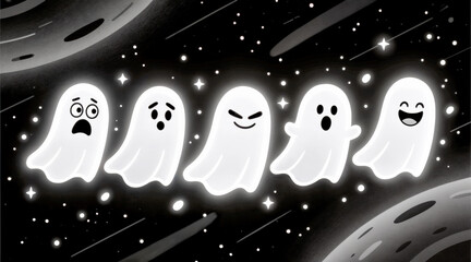 A Row of Expressive Glowing Cartoon Ghosts