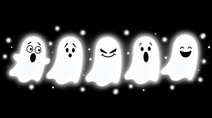 A Row of Expressive Glowing Cartoon Ghosts