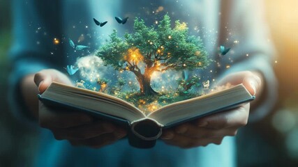 Open book with magical tree and butterflies in hands holding