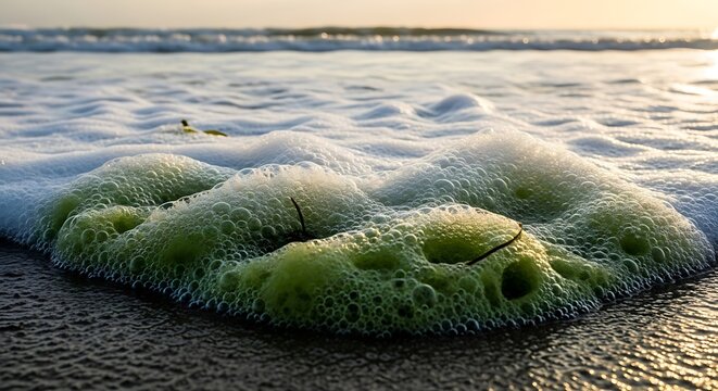 Coastal dynamics: close-up of sea foam aggregation on shoreline at sunset with distant ocean waves capturing the