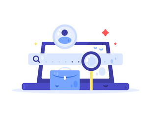 Illustration of a laptop with a search bar, briefcase, and magnifying glass. Job search concept. Job search service. Recruitment, technology, and websites. Flat design. White background.