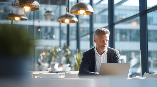 Mature businessman working on his laptop in a bright, stylish open-plan office setting.
