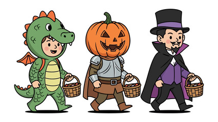 Enchanting Halloween Trio: An adorable collection of three children, each dressed in vibrant costumes, eagerly walk along the street carrying treat baskets.