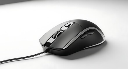 Close-up shot of a black and gray computer mouse on a white surface.