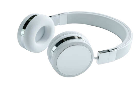 Isolated White Headphones on Transparent Background Modern Design Shiny Accents Round Earcups Stylish Portable Audio Listening Device Comfortable Sound Technology Music Equipment