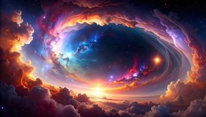 Dreamy swirling clouds frame vibrant celestial view