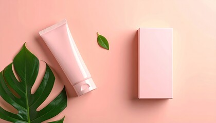 Pink skincare tube & box with tropical leaf on light pink ground