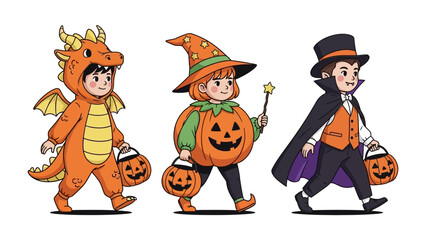 Halloween Costumes: Three children dressed in whimsical Halloween costumes, a dragon, a witch, and a vampire, each carry a pumpkin treat basket, ready for trick-or-treating, in a fun, colorful.