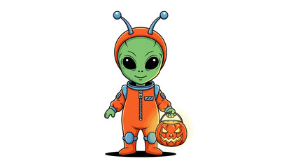 Friendly Alien in Halloween Costume: A cute and friendly alien in a Halloween costume holding a carved pumpkin, the design showcases a unique character and evokes a sense of playful fantasy