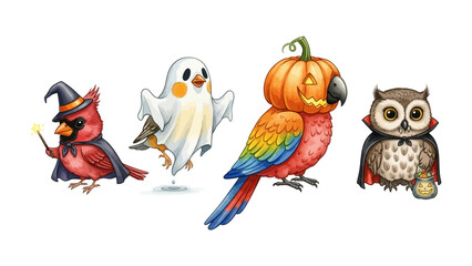 Spooky avian ensemble in halloween theme:A quirky cast of whimsical birds, playfully embodying iconic Halloween costumes: a cardinal as a wizard, a ghostly.