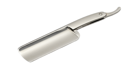 Silver straight razor isolated on transparent background, classic shaving tool for barbershop and personal grooming PNG