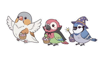 Enchanting Avian Trio in Costume: A whimsical illustration showcasing a cheerful bird, charming parrot, and a magical blue jay, each adorned in delightful costumes with themed accessories.