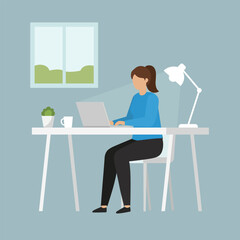 Flat illustration of women working on laptops in home or office settings. Modern design for freelance, online learning, remote work, and digital communication themes.