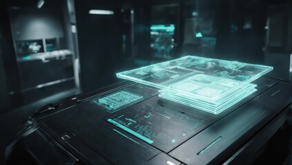 Futuristic tech interface on a dark table