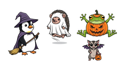 Whimsical Halloween Characters: A charming collection of cartoon characters, a penguin witch, a hedgehog ghost, a pumpkin frog, and a bat, each prepared to celebrate the spooky spirit of the holiday.
