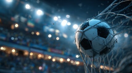 Intense Soccer Moment A Black and White Ball Pierces the Net Under Stadium Lights Celebration and Victory