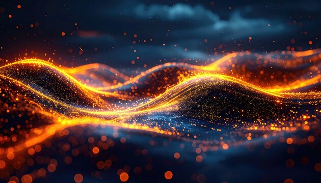 Ethereal waves of glowing particles over dark blue