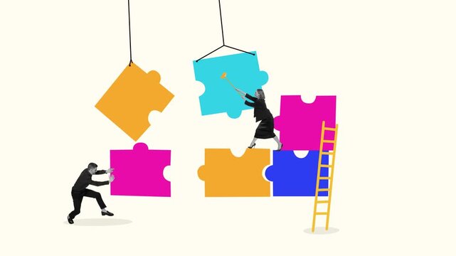 Ad template of teamwork assembling giant puzzle pieces with ladder and coordination. Concept of construction, modular systems, problem solving, company building, and planning.