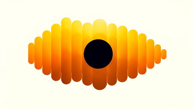 An abstract, symmetrical graphic featuring a central black circle surrounded by orange-yellow vertical rounded rectangles against white