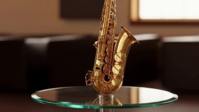 A shiny golden saxophone stands on a glass table, reflecting the instrument's details.