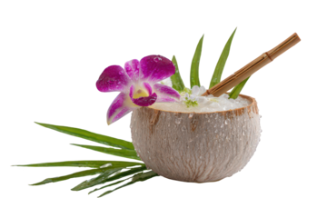 Exotic Coconut Cocktail Garnished with Purple Orchid and Pandan Leaves on Transparent Background Studio Shot of Tropical Drink with Bamboo Straw Vacation Vibes and Refreshing Beverage