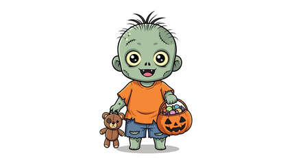 Spooky Treat: A charming cartoon depicts a zombie child, cheerfully dressed and clutching a Halloween pumpkin basket, with a beloved teddy bear by its side.