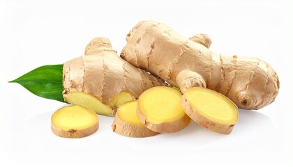 Whole ginger root with four yellow slices—knobby texture and vibrant interior evoke vitality, warmth, and natural resilience in minimalist botanical healing composition.