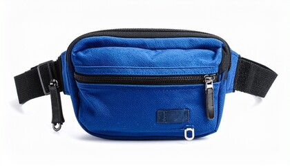 Blue waist bag with zippered compartments and adjustable strap—shiny material and compact design evoke utility, mobility, and casual readiness in minimalist personal carry composition.