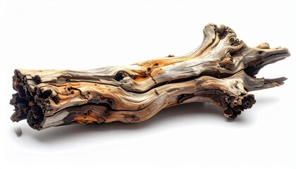 Aged driftwood with twisted, organic branches and weathered textures, isolated on a neutral background for artistic or decorative use.