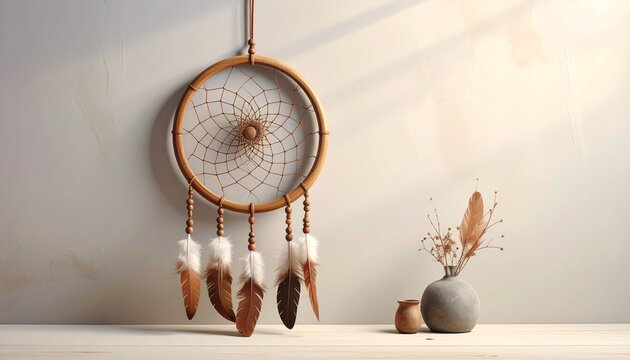 Dreamcatcher with woven web, brown and white feathers, and wooden beads—hanging on light wall evokes protection, tradition, and quiet introspection in minimalist handcrafted symbolism composition.