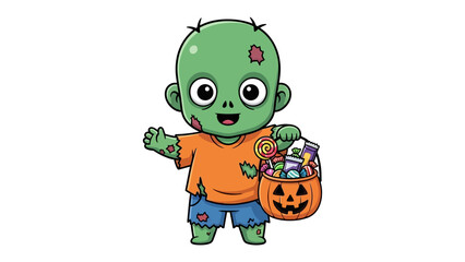 Adorable Zombie with Candy: A charming cartoon illustration of a cute, smiling zombie holding a Jack O'Lantern candy bag, perfect for Halloween festivities.