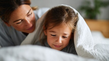 Woman and child lying on bed under blanket.