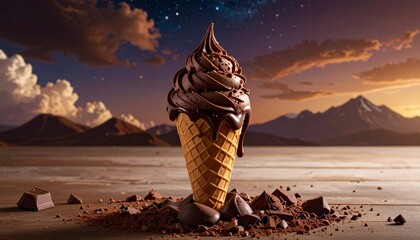 Double scoop chocolate ice cream cone with syrup and shavings—waffle cone and sunset street scene evoke indulgence, warmth, and urban delight in minimalist dessert moment composition.