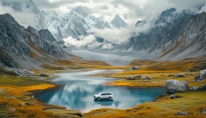 Off-road vehicle on a serene alpine lake, surrounded by snow-capped mountains