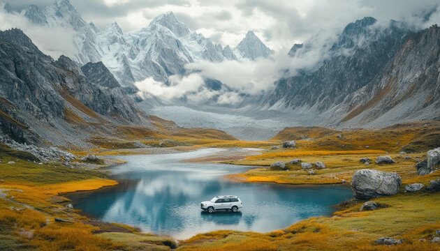 Off-road vehicle on a serene alpine lake, surrounded by snow-capped mountains