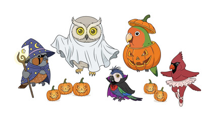 Halloween Birds' Costume Collection: A charming illustration of playful birds dressed in various Halloween costumes, including a wizard, ghost, jack-o'-lantern, and ballerina.