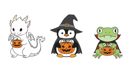 Halloween characters illustration: A charming illustration presents a Halloween-themed fantasy trio: a friendly dragon, a penguin witch, and a frog vampire, each clutching a jack-o'-lantern.
