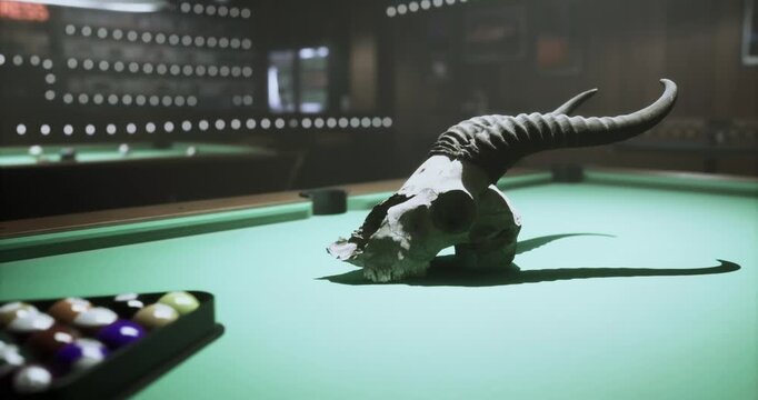 A distinctively designed skull displayed prominently on a green pool table in a lively game room. The atmosphere is enhanced by soft lighting and vibrant colors.