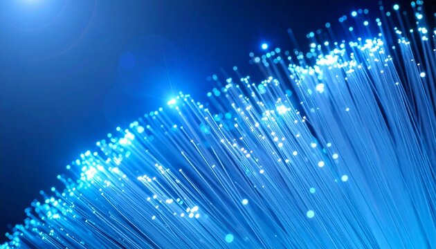 Glowing fiber optic light trails in cosmic space—blue-white curves and starry backdrop evoke speed, connectivity, and digital transcendence in minimalist futuristic data flow composition.