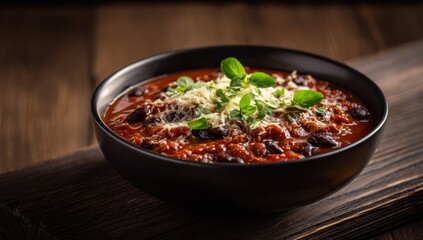 Delicious bowl of chili with fresh herbs and cheese on wooden surface.