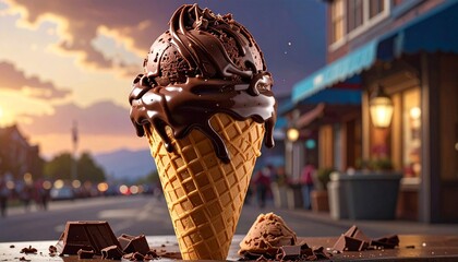 Double scoop chocolate ice cream cone with syrup and shavings—waffle cone and sunset street scene evoke indulgence, warmth, and urban delight in minimalist dessert moment composition.