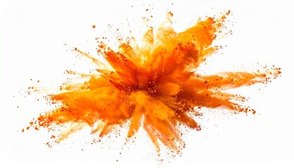 Burst of orange powder dispersing on white backdrop—dense and granular textures evoke energy, motion, and vibrant impact in minimalist pigment explosion composition.